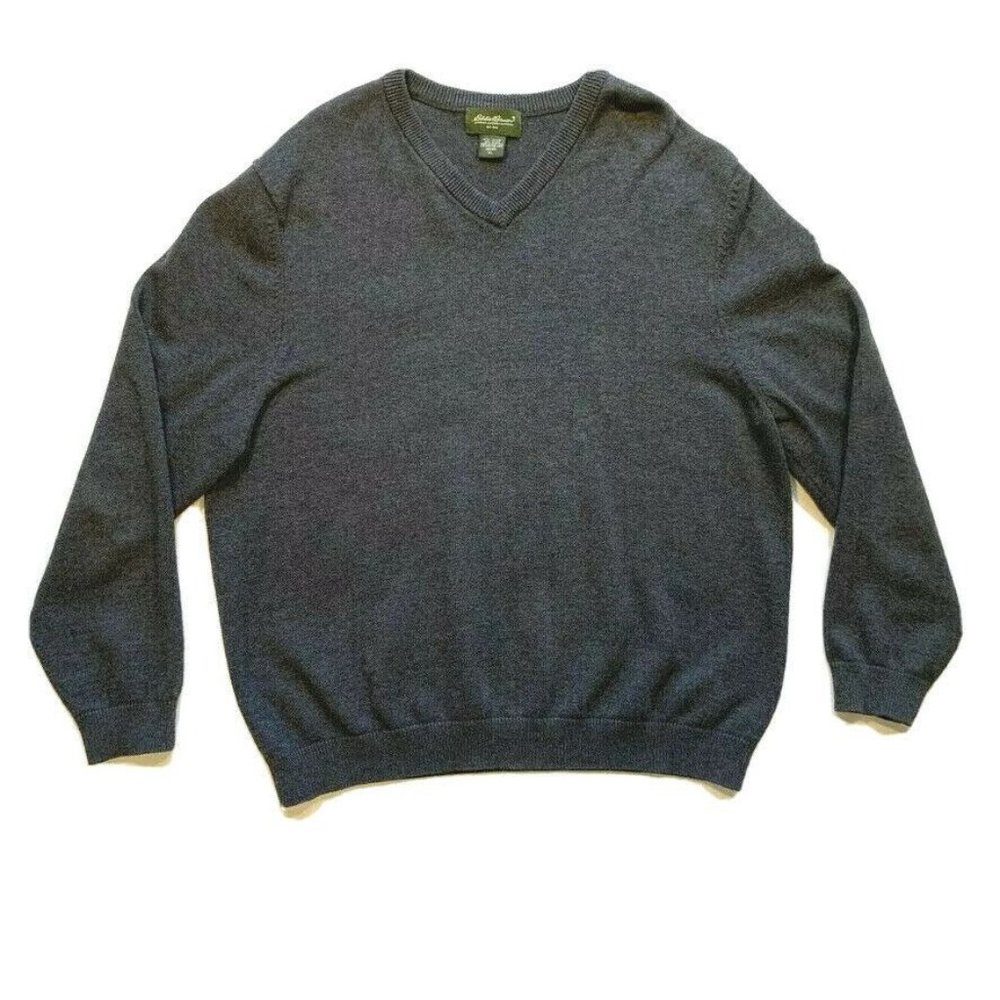 Vintage Eddie‎ Bauer Sweater Pullover XL Ribbed V Neck Cotton Nylon Blend Gray